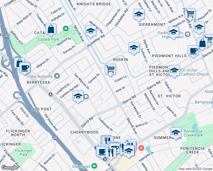 map of restaurants, bars, coffee shops, grocery stores, and more near 1369 Morrill Avenue in San Jose