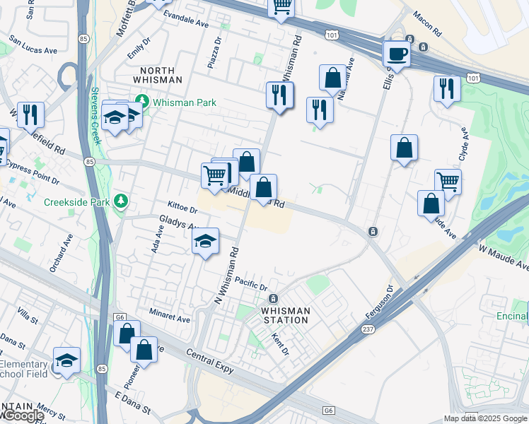 map of restaurants, bars, coffee shops, grocery stores, and more near in Mountain View