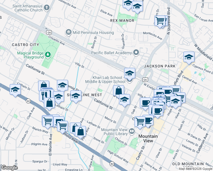 map of restaurants, bars, coffee shops, grocery stores, and more near 255 Mariposa Avenue in Mountain View