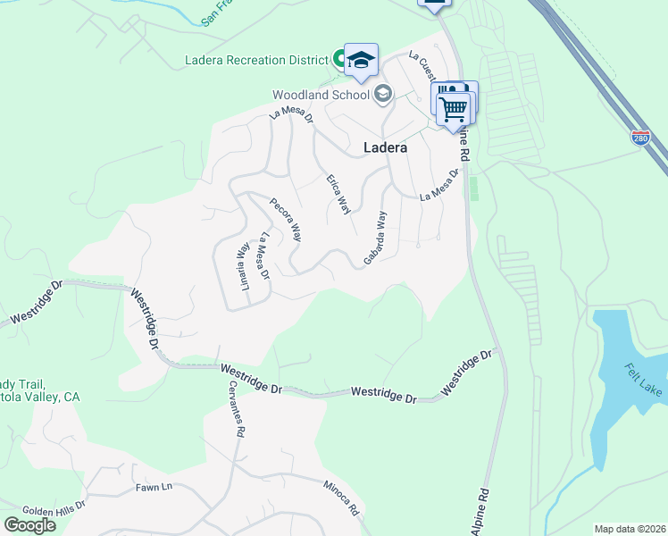 map of restaurants, bars, coffee shops, grocery stores, and more near 15 Siesta Court in Menlo Park