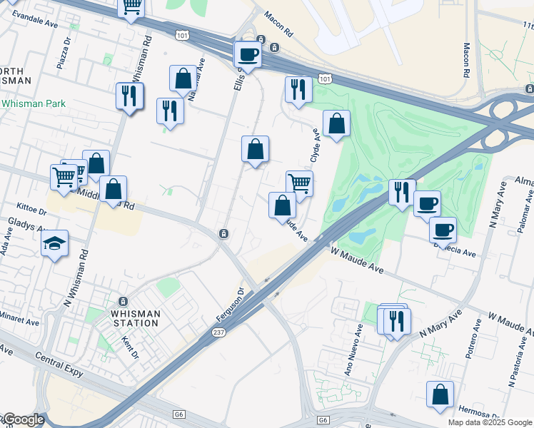 map of restaurants, bars, coffee shops, grocery stores, and more near 855 W Maude Ave in Mountain View