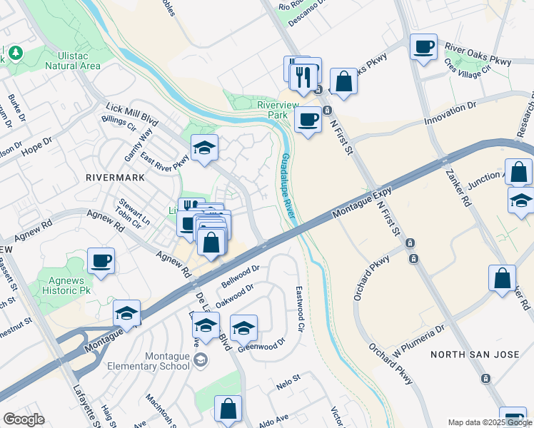 map of restaurants, bars, coffee shops, grocery stores, and more near 3901 Lick Mill Boulevard in Santa Clara