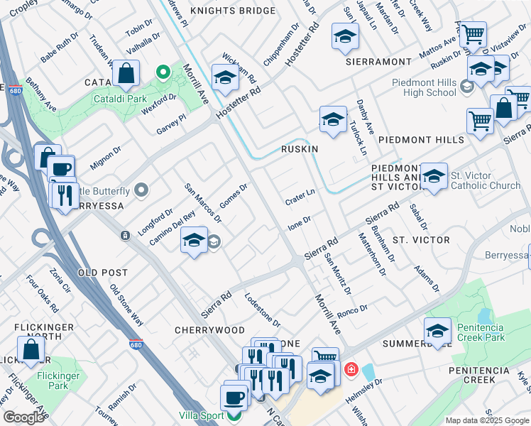 map of restaurants, bars, coffee shops, grocery stores, and more near 1369 Morrill Avenue in San Jose