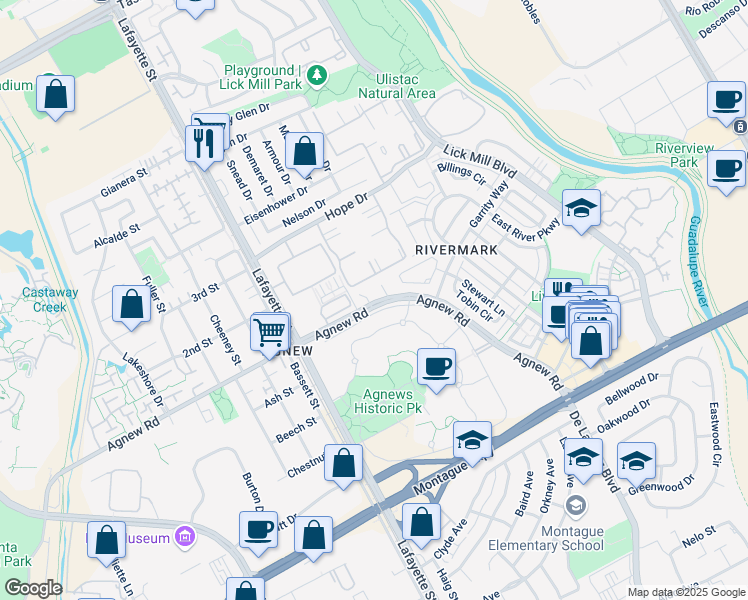 map of restaurants, bars, coffee shops, grocery stores, and more near 1509 Agnew Road in Santa Clara