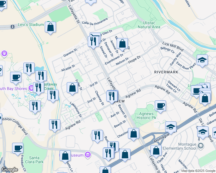 map of restaurants, bars, coffee shops, grocery stores, and more near 4420 Bassett Street in Santa Clara