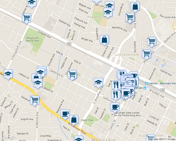 map of restaurants, bars, coffee shops, grocery stores, and more near 219 Pettis Avenue in Mountain View