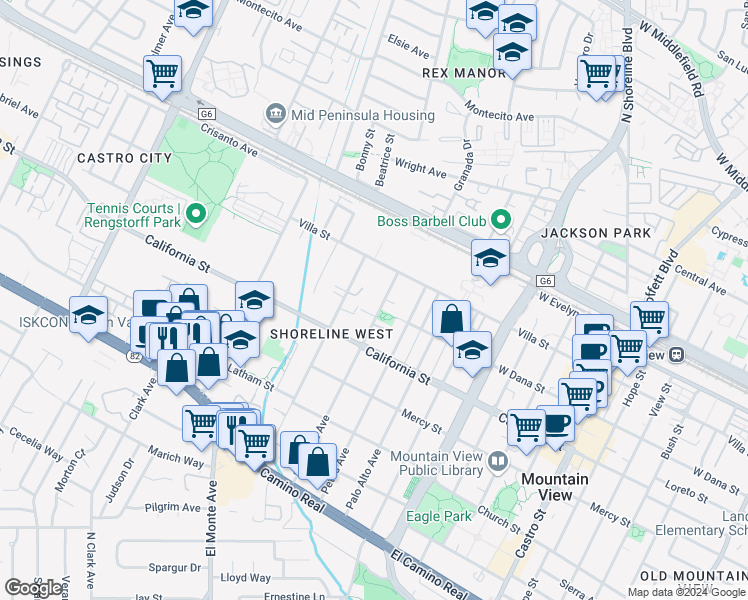 map of restaurants, bars, coffee shops, grocery stores, and more near 108 Oak Haven Place in Mountain View