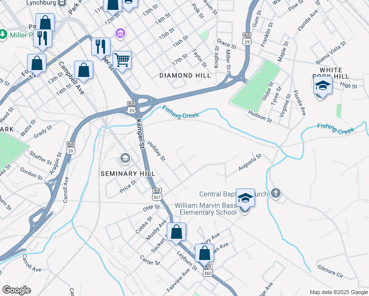 map of restaurants, bars, coffee shops, grocery stores, and more near 1710 Price Street in Lynchburg