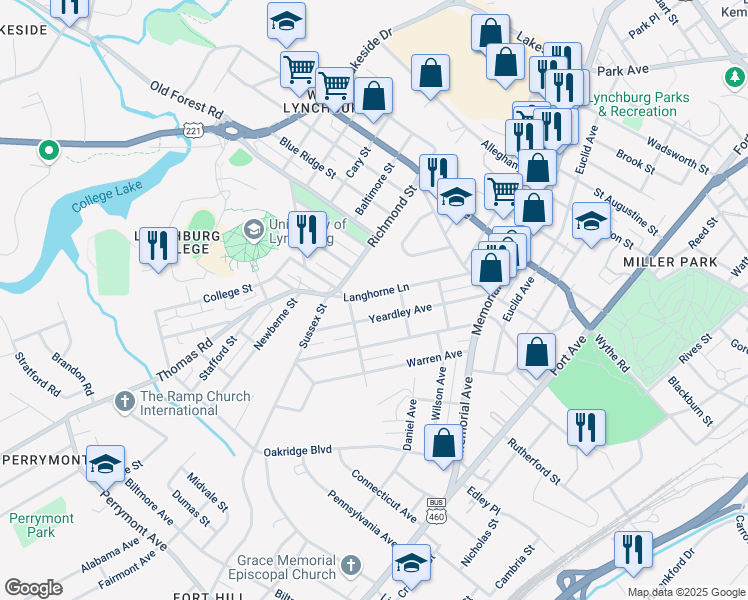 map of restaurants, bars, coffee shops, grocery stores, and more near 313 Langhorne Lane in Lynchburg
