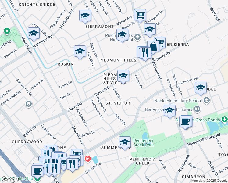 map of restaurants, bars, coffee shops, grocery stores, and more near 1281 Sabal Drive in San Jose