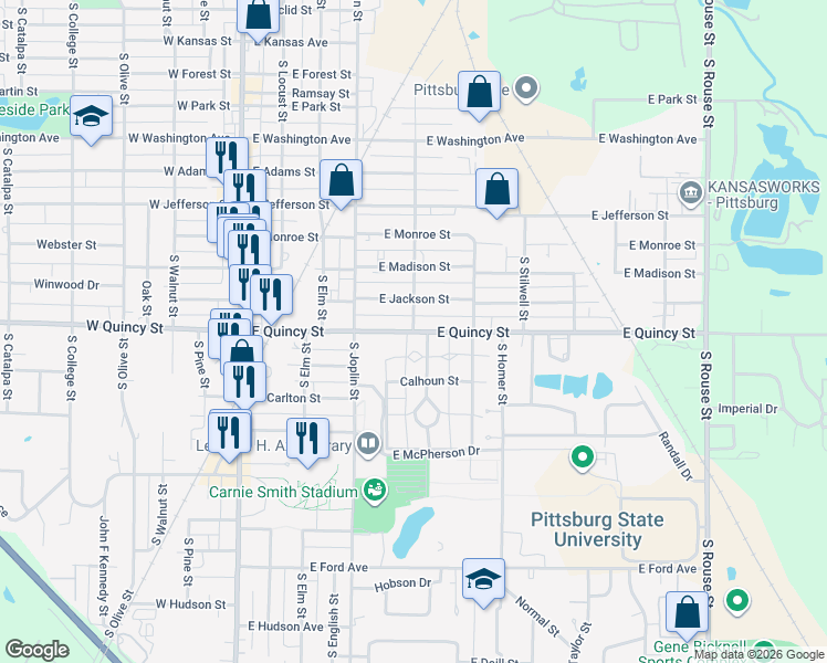 map of restaurants, bars, coffee shops, grocery stores, and more near 501 East Quincy Street in Pittsburg