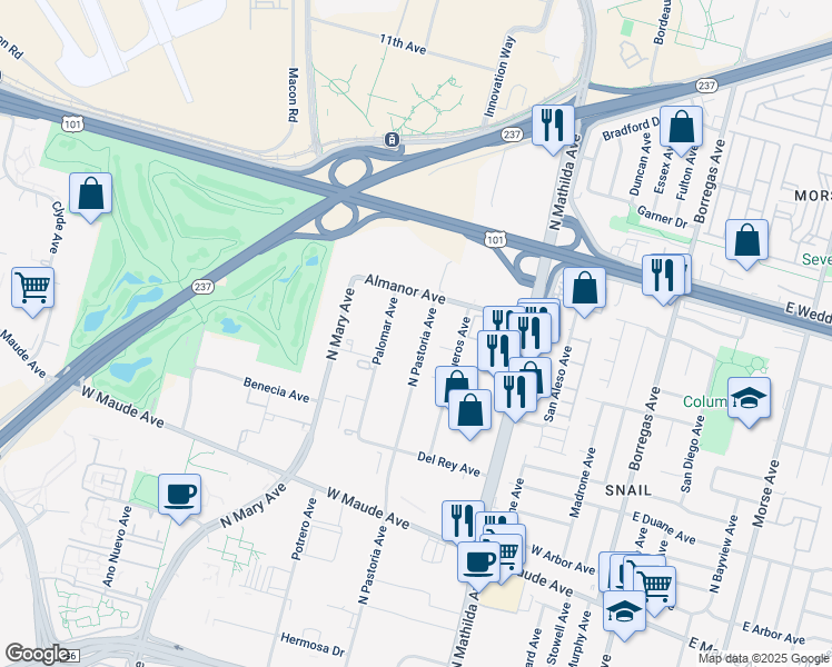 map of restaurants, bars, coffee shops, grocery stores, and more near 755 N Pastoria Ave in Sunnyvale