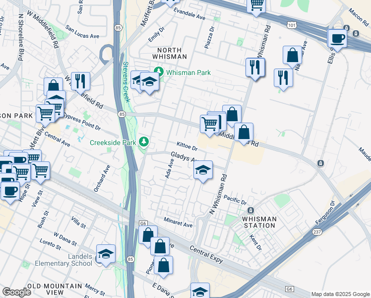 map of restaurants, bars, coffee shops, grocery stores, and more near 127 Kittoe Dr in Mountain View