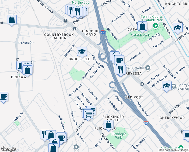 map of restaurants, bars, coffee shops, grocery stores, and more near 2322 Oak Flat Road in San Jose