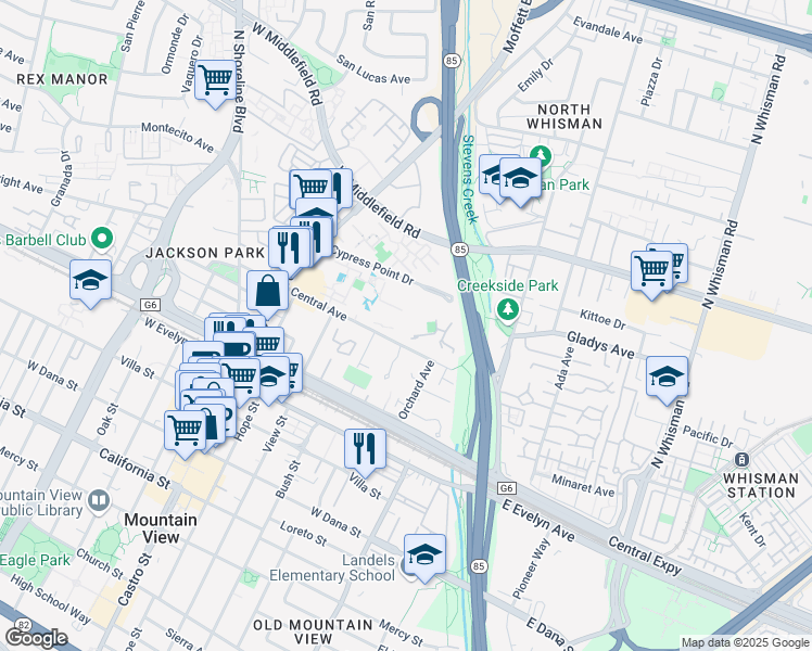 map of restaurants, bars, coffee shops, grocery stores, and more near 336 Central Avenue in Mountain View