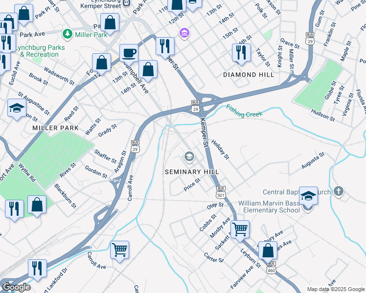 map of restaurants, bars, coffee shops, grocery stores, and more near 2023 Campbell Avenue in Lynchburg