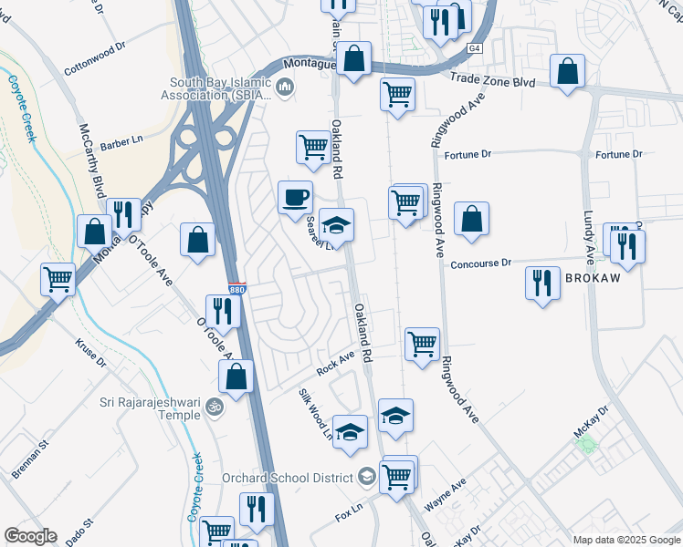 map of restaurants, bars, coffee shops, grocery stores, and more near 2151 Old Oakland Road in San Jose