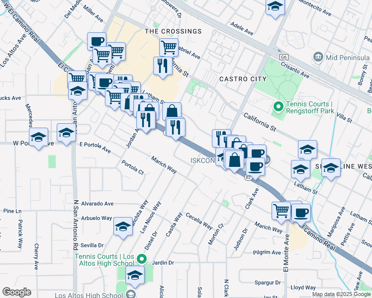 map of restaurants, bars, coffee shops, grocery stores, and more near 5050 West El Camino Real in Los Altos