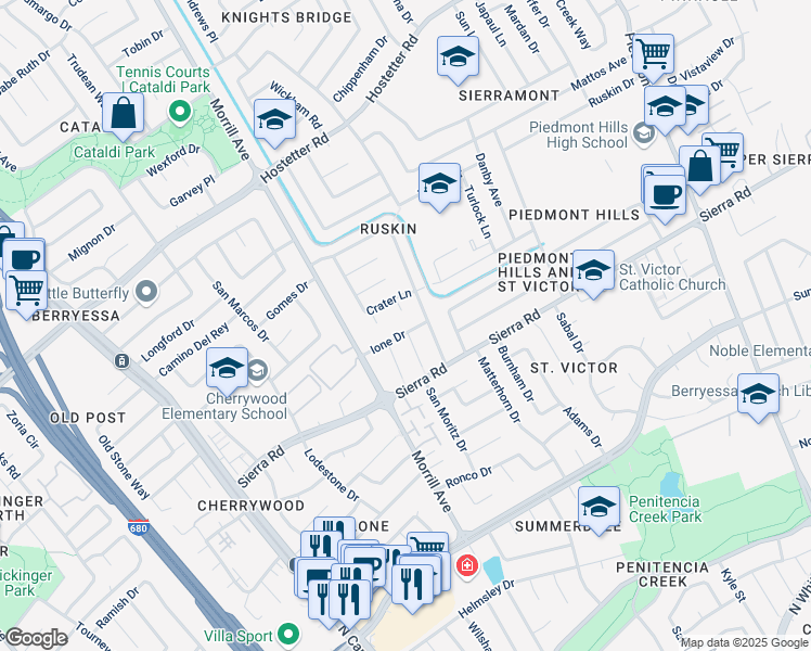 map of restaurants, bars, coffee shops, grocery stores, and more near 2859 Ione Drive in San Jose