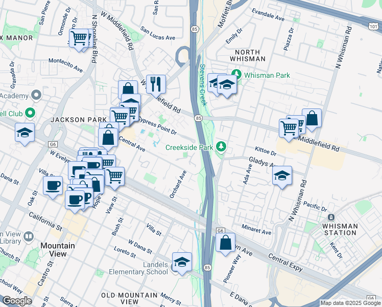 map of restaurants, bars, coffee shops, grocery stores, and more near 213 Cypress Point Dr in Mountain View