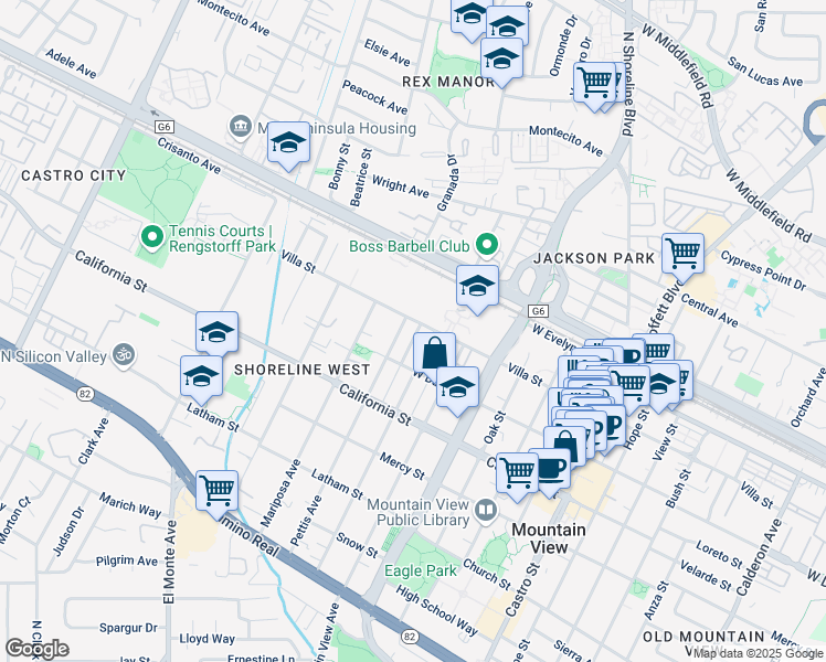 map of restaurants, bars, coffee shops, grocery stores, and more near 219 Pettis Avenue in Mountain View