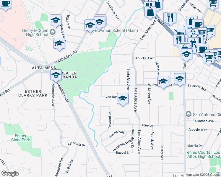 map of restaurants, bars, coffee shops, grocery stores, and more near 506 West Portola Avenue in Los Altos