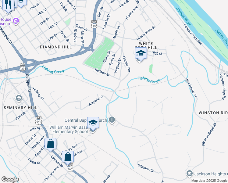 map of restaurants, bars, coffee shops, grocery stores, and more near 1299 Florida Avenue in Lynchburg