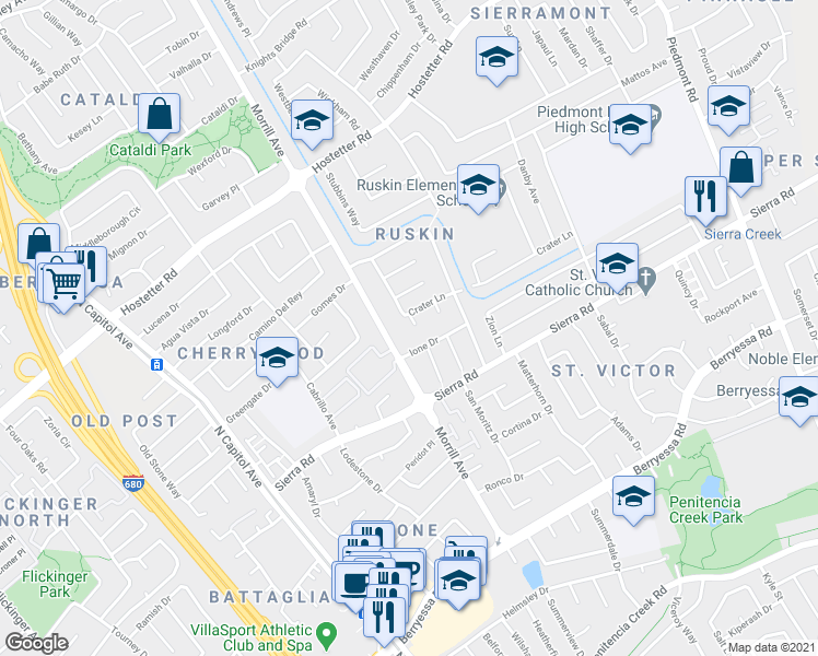 map of restaurants, bars, coffee shops, grocery stores, and more near 1363 Cutforth Court in San Jose