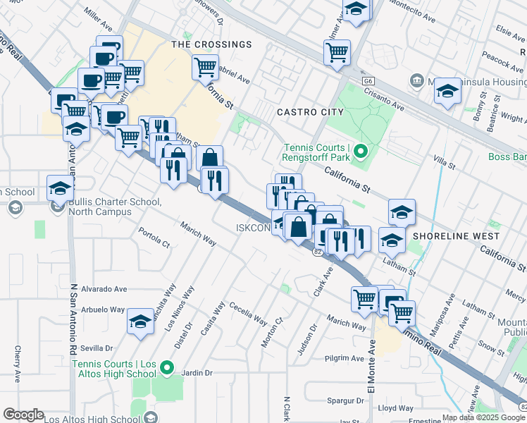map of restaurants, bars, coffee shops, grocery stores, and more near 2124 West El Camino Real in Mountain View