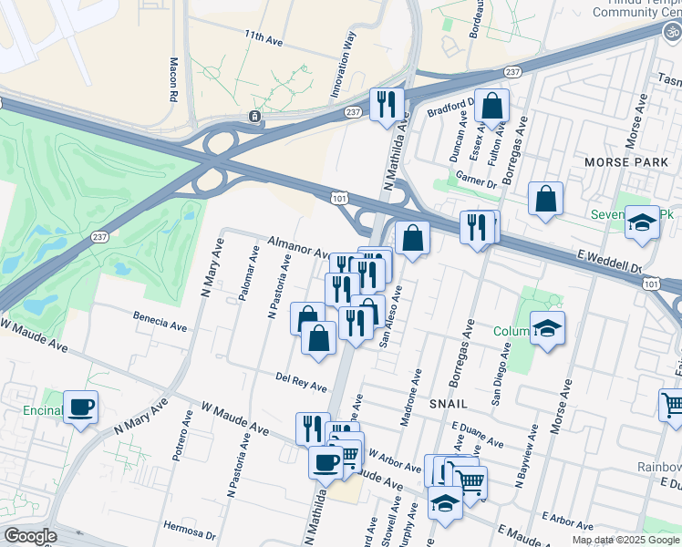 map of restaurants, bars, coffee shops, grocery stores, and more near 520 Almanor Avenue in Sunnyvale