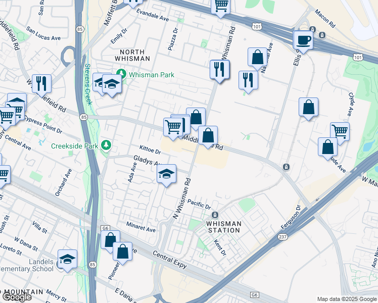 map of restaurants, bars, coffee shops, grocery stores, and more near 264 North Whisman Road in Mountain View