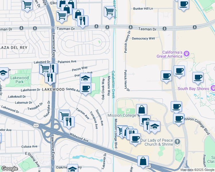 map of restaurants, bars, coffee shops, grocery stores, and more near 1220 Manzano Way in Sunnyvale
