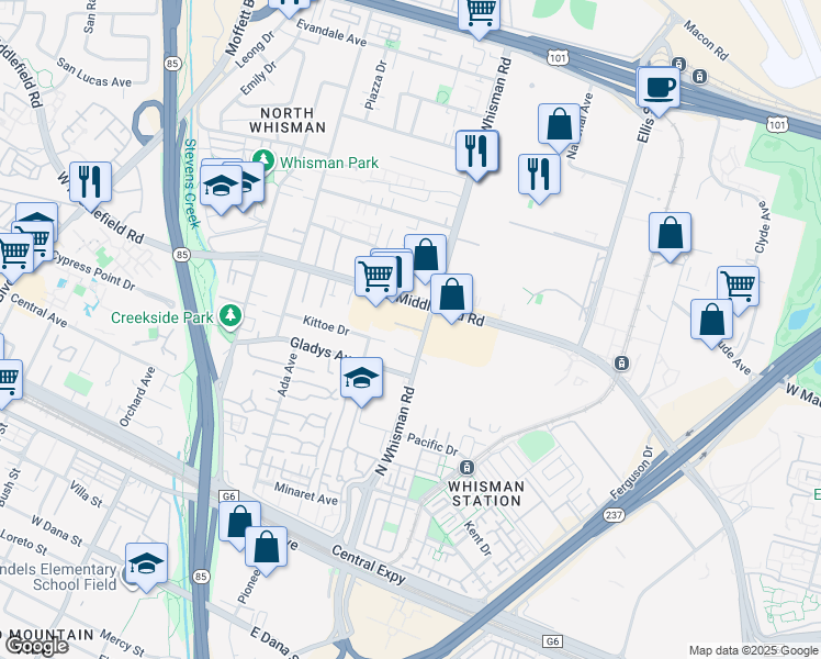 map of restaurants, bars, coffee shops, grocery stores, and more near 264 North Whisman Road in Mountain View