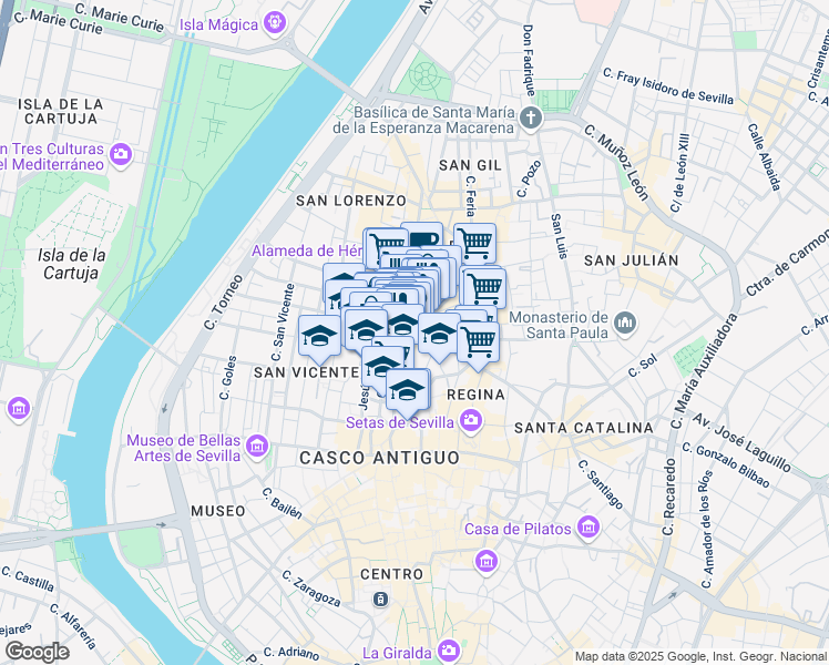 map of restaurants, bars, coffee shops, grocery stores, and more near 44 Calle Amor de Dios in Sevilla
