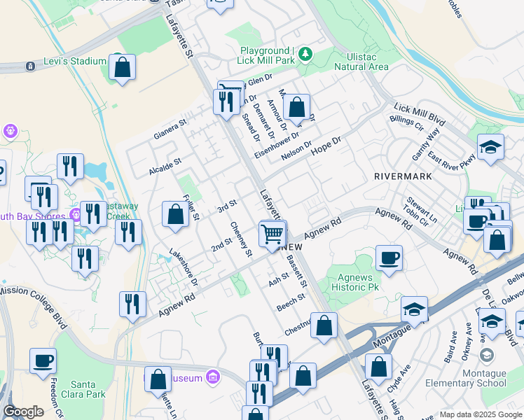 map of restaurants, bars, coffee shops, grocery stores, and more near 4420 Bassett Street in Santa Clara