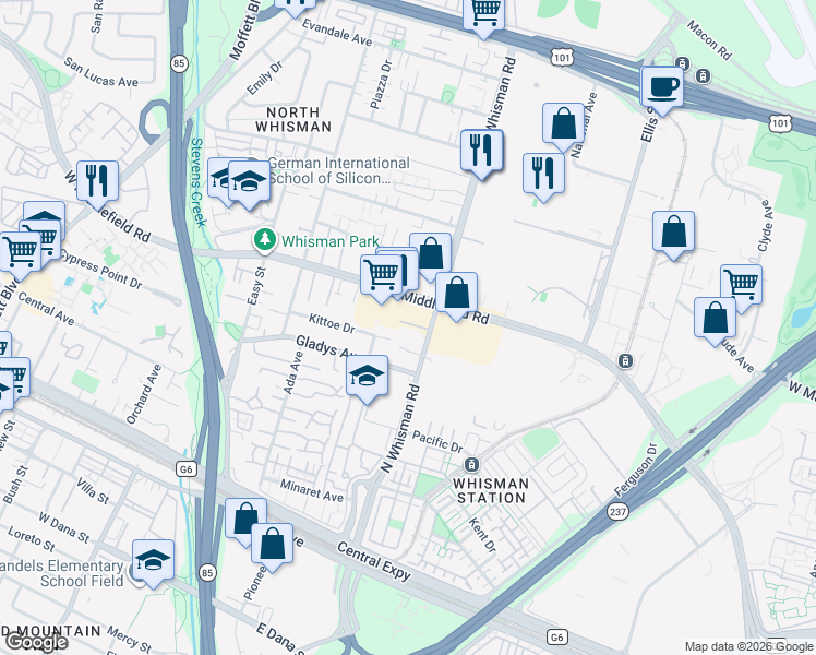 map of restaurants, bars, coffee shops, grocery stores, and more near 264 North Whisman Road in Mountain View