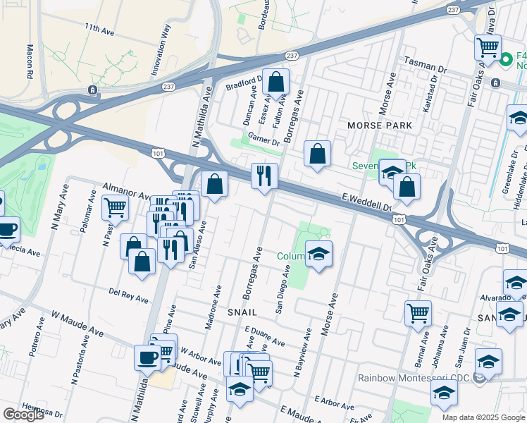 map of restaurants, bars, coffee shops, grocery stores, and more near 801 Borregas Avenue in Sunnyvale
