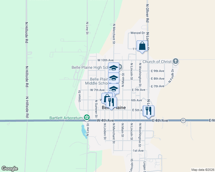 map of restaurants, bars, coffee shops, grocery stores, and more near 701-799 N Linden St in Belle Plaine