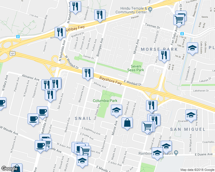 map of restaurants, bars, coffee shops, grocery stores, and more near 297 Alturas Avenue in Sunnyvale
