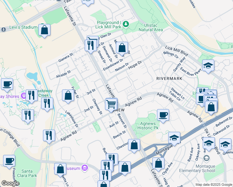 map of restaurants, bars, coffee shops, grocery stores, and more near 4446 Moulin Place in Santa Clara
