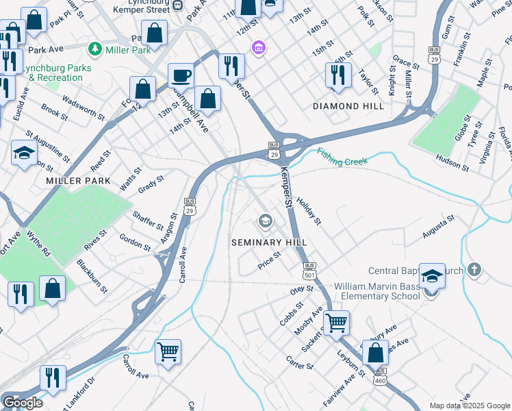 map of restaurants, bars, coffee shops, grocery stores, and more near 2023 Campbell Avenue in Lynchburg