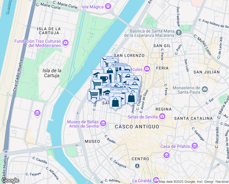 map of restaurants, bars, coffee shops, grocery stores, and more near 52 Calle Miguel Cid in Sevilla