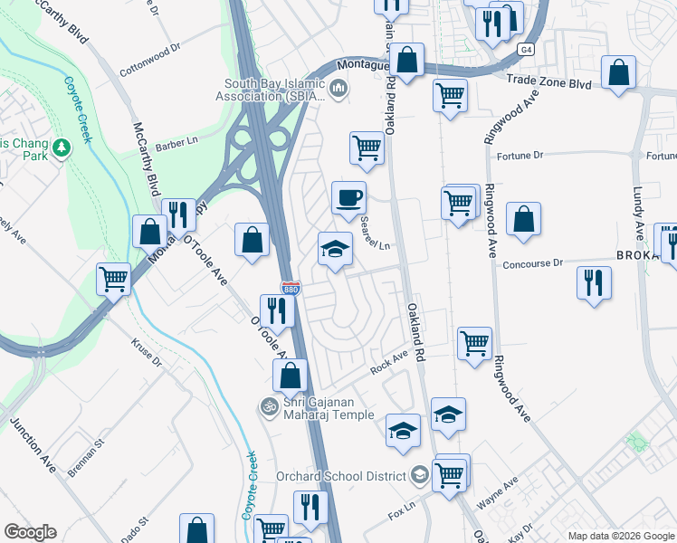 map of restaurants, bars, coffee shops, grocery stores, and more near 2151 Oakland Road in San Jose