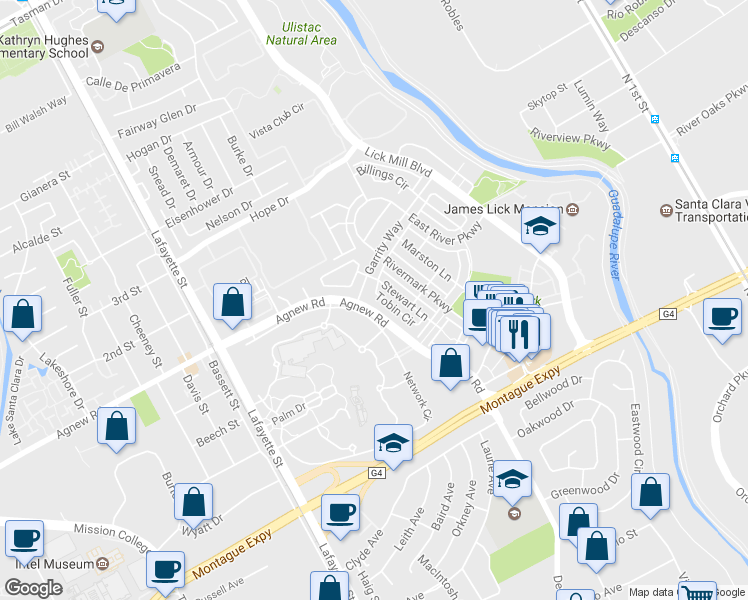 map of restaurants, bars, coffee shops, grocery stores, and more near 4183 Tobin Circle in Santa Clara