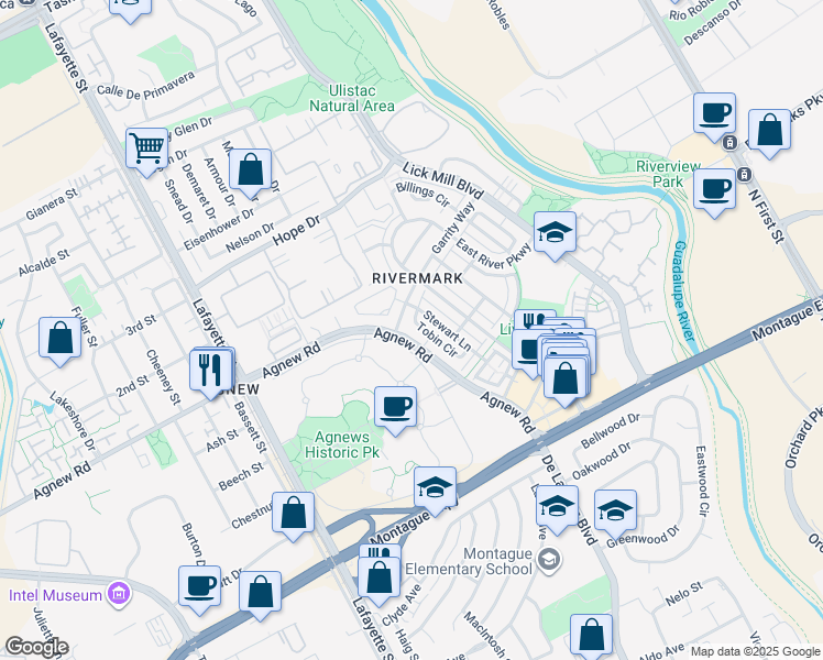 map of restaurants, bars, coffee shops, grocery stores, and more near 4183 Tobin Circle in Santa Clara