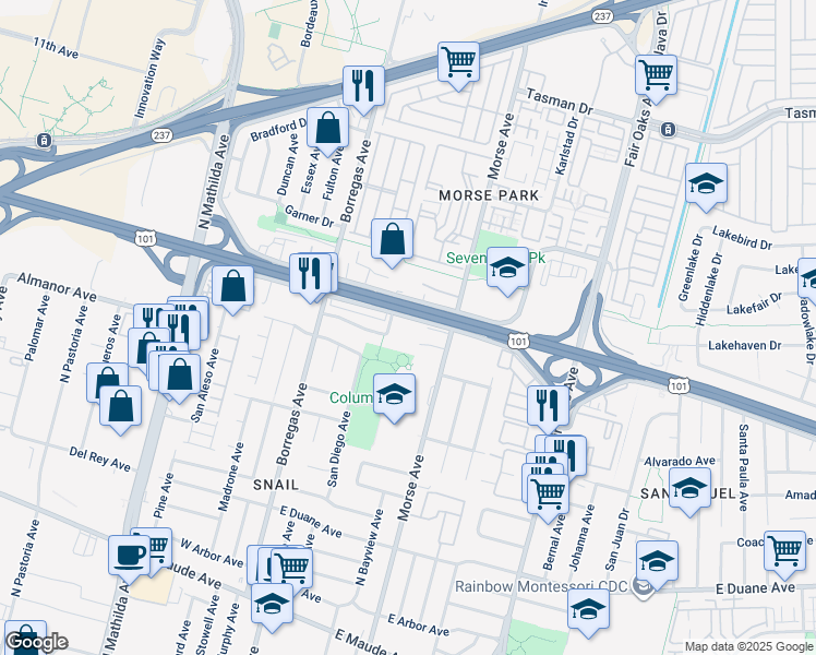 map of restaurants, bars, coffee shops, grocery stores, and more near 836 Alturas Avenue in Sunnyvale