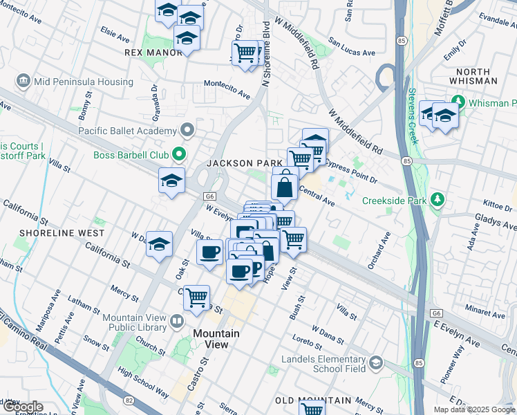 map of restaurants, bars, coffee shops, grocery stores, and more near 809 Washington Street in Mountain View