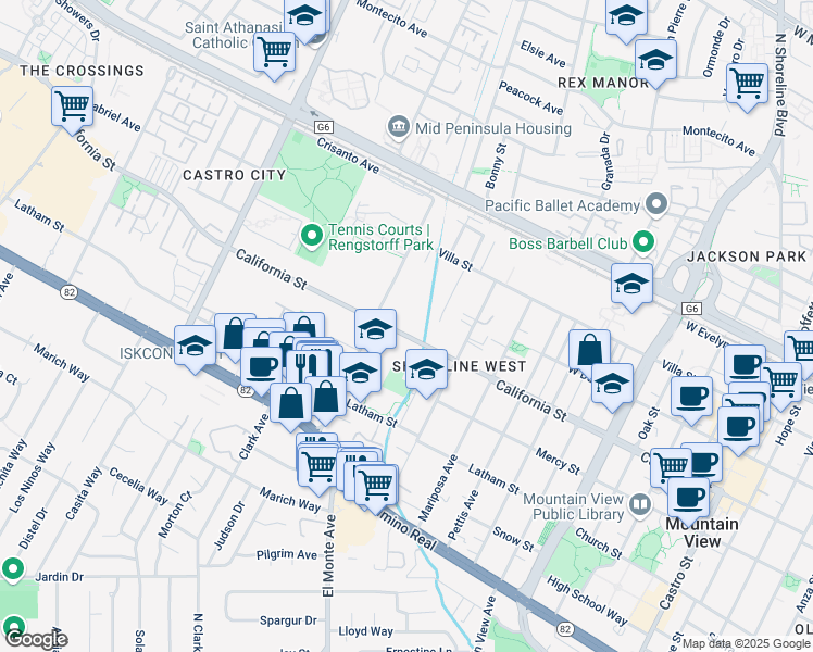 map of restaurants, bars, coffee shops, grocery stores, and more near 1824 California Street in Mountain View