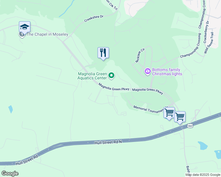 map of restaurants, bars, coffee shops, grocery stores, and more near 7630 Magnolia Green Parkway in Moseley
