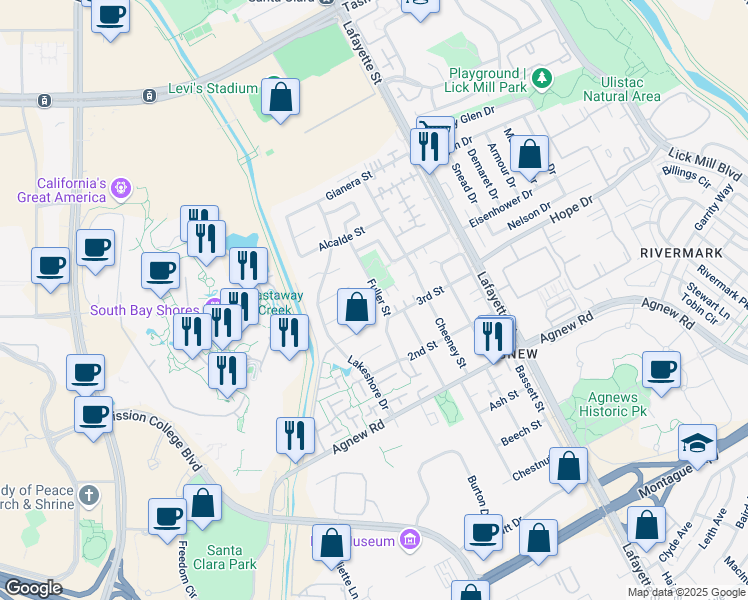 map of restaurants, bars, coffee shops, grocery stores, and more near 4534 Fuller Street in Santa Clara